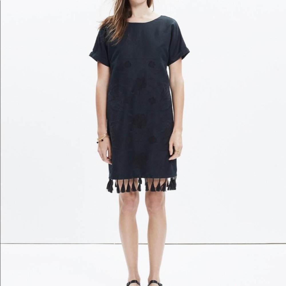 Madewell Embroidered Shift Dress with Tassel Trim Linen Cotton Womens Size Small